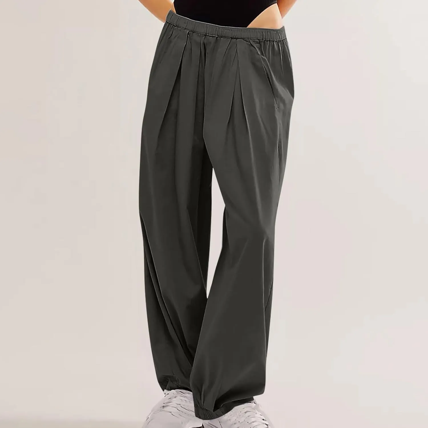 Womens Casual Cotton Linen Wide Leg Pants Elastic High Waisted Loose Pants Pleated Front Lounge Trousers Side Pockets