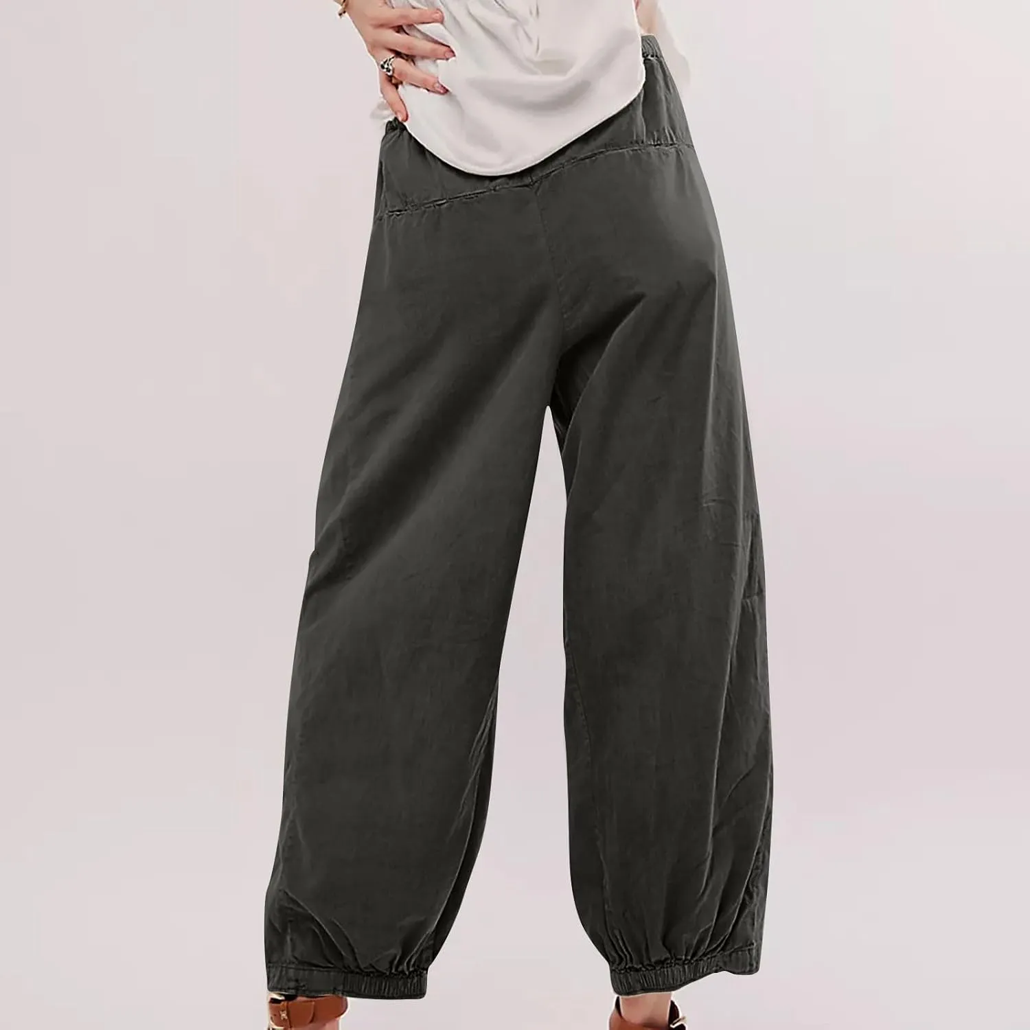 Womens Casual Cotton Linen Wide Leg Pants Elastic High Waisted Loose Pants Pleated Front Lounge Trousers Side Pockets