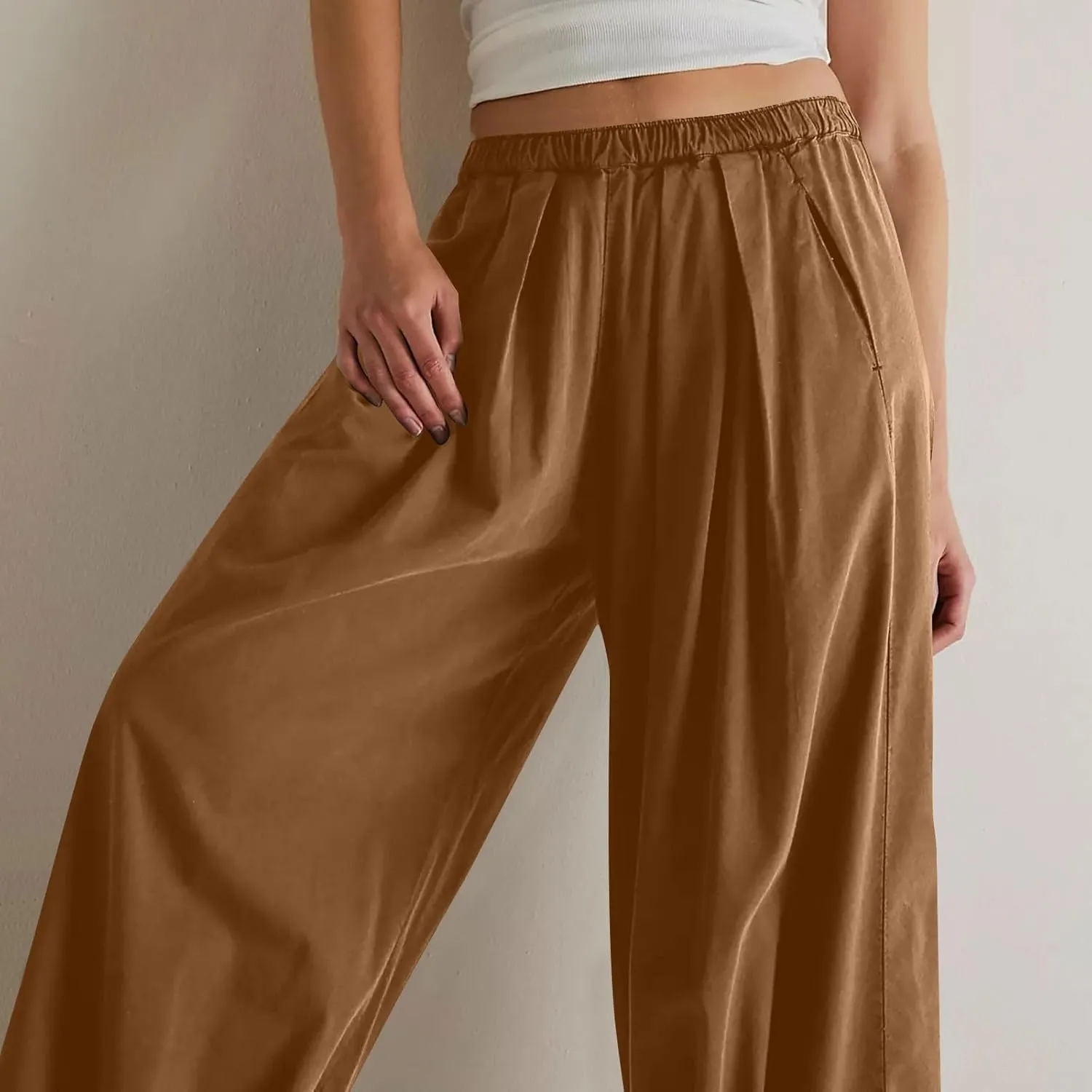 Womens Casual Cotton Linen Wide Leg Pants Elastic High Waisted Loose Pants Pleated Front Lounge Trousers Side Pockets