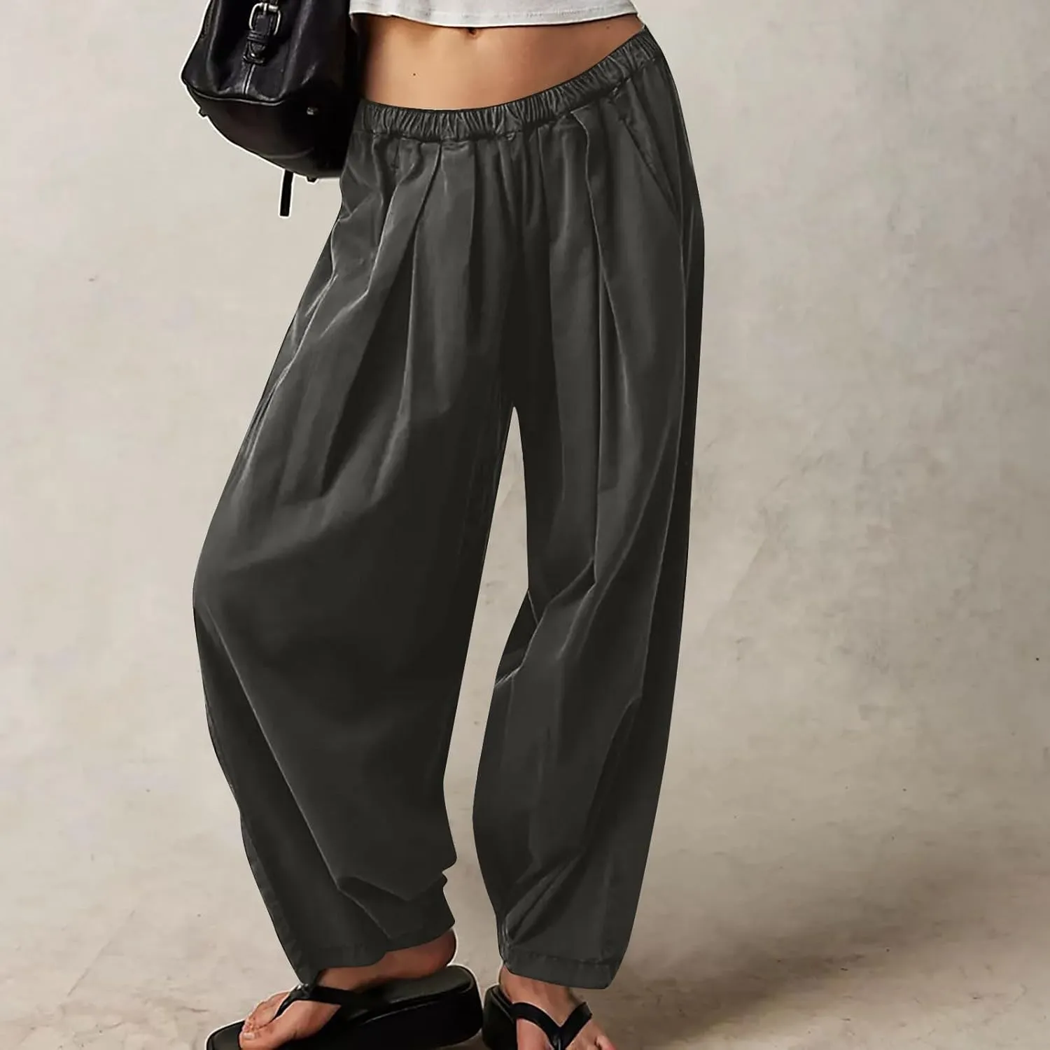 Womens Casual Cotton Linen Wide Leg Pants Elastic High Waisted Loose Pants Pleated Front Lounge Trousers Side Pockets