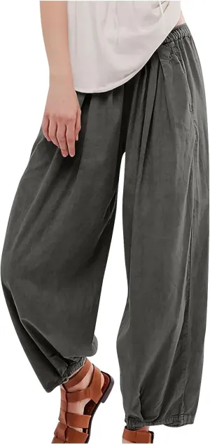 Womens Casual Cotton Linen Wide Leg Pants Elastic High Waisted Loose Pants Pleated Front Lounge Trousers Side Pockets