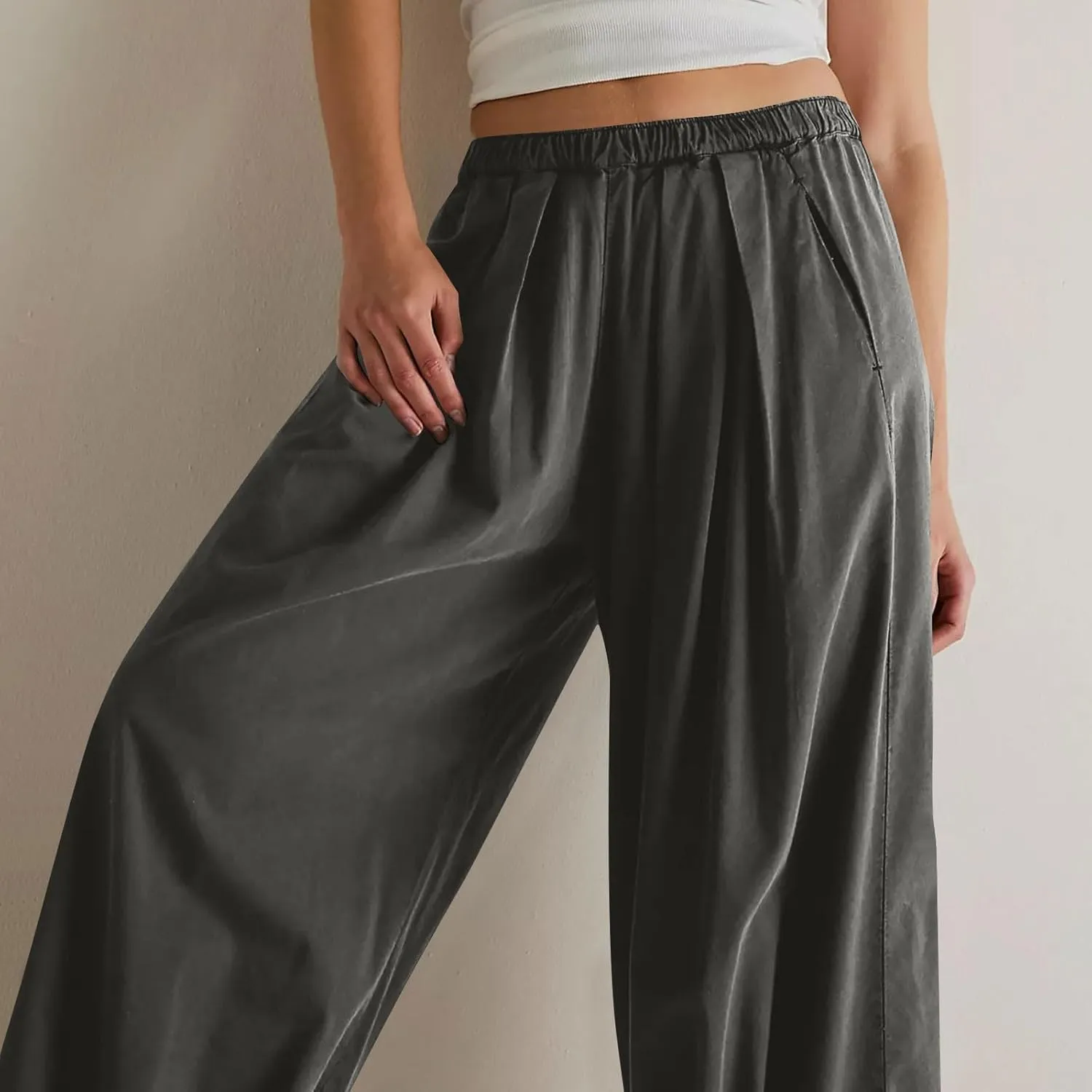 Womens Casual Cotton Linen Wide Leg Pants Elastic High Waisted Loose Pants Pleated Front Lounge Trousers Side Pockets