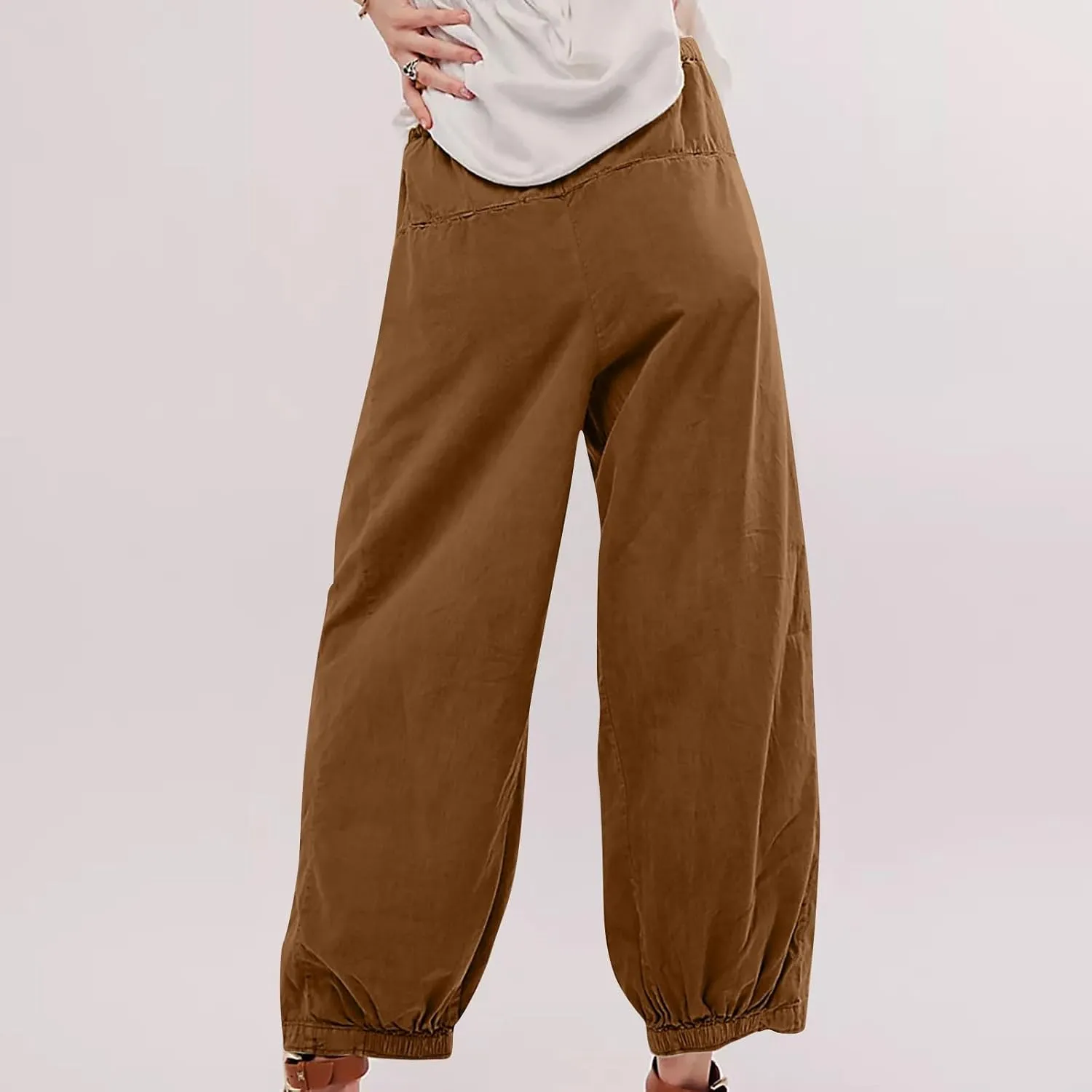 Womens Casual Cotton Linen Wide Leg Pants Elastic High Waisted Loose Pants Pleated Front Lounge Trousers Side Pockets