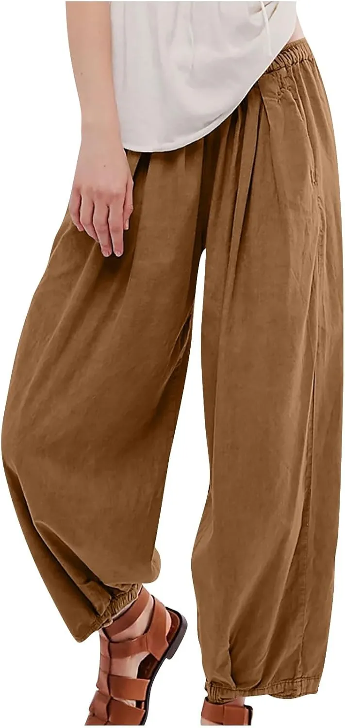 Womens Casual Cotton Linen Wide Leg Pants Elastic High Waisted Loose Pants Pleated Front Lounge Trousers Side Pockets