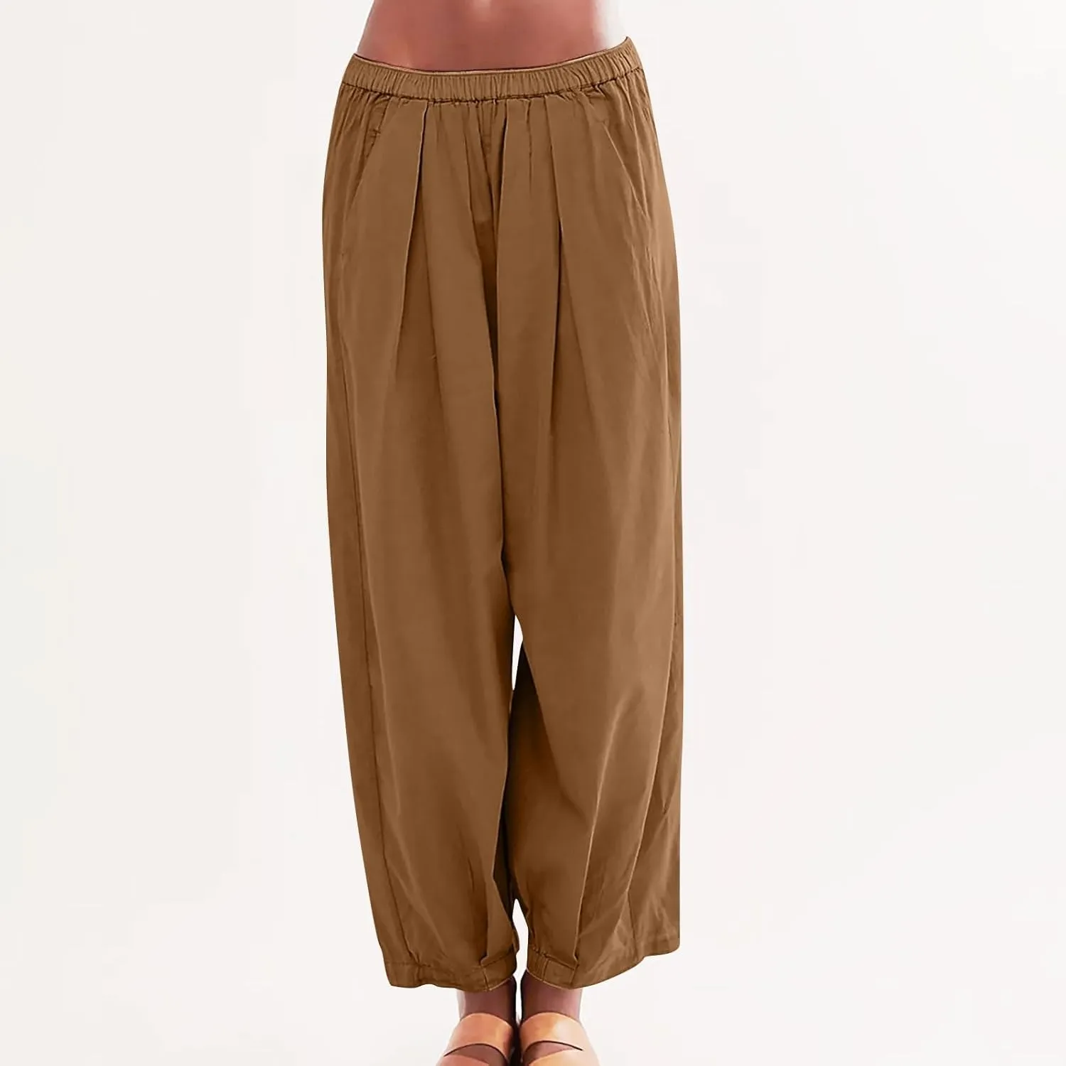 Womens Casual Cotton Linen Wide Leg Pants Elastic High Waisted Loose Pants Pleated Front Lounge Trousers Side Pockets