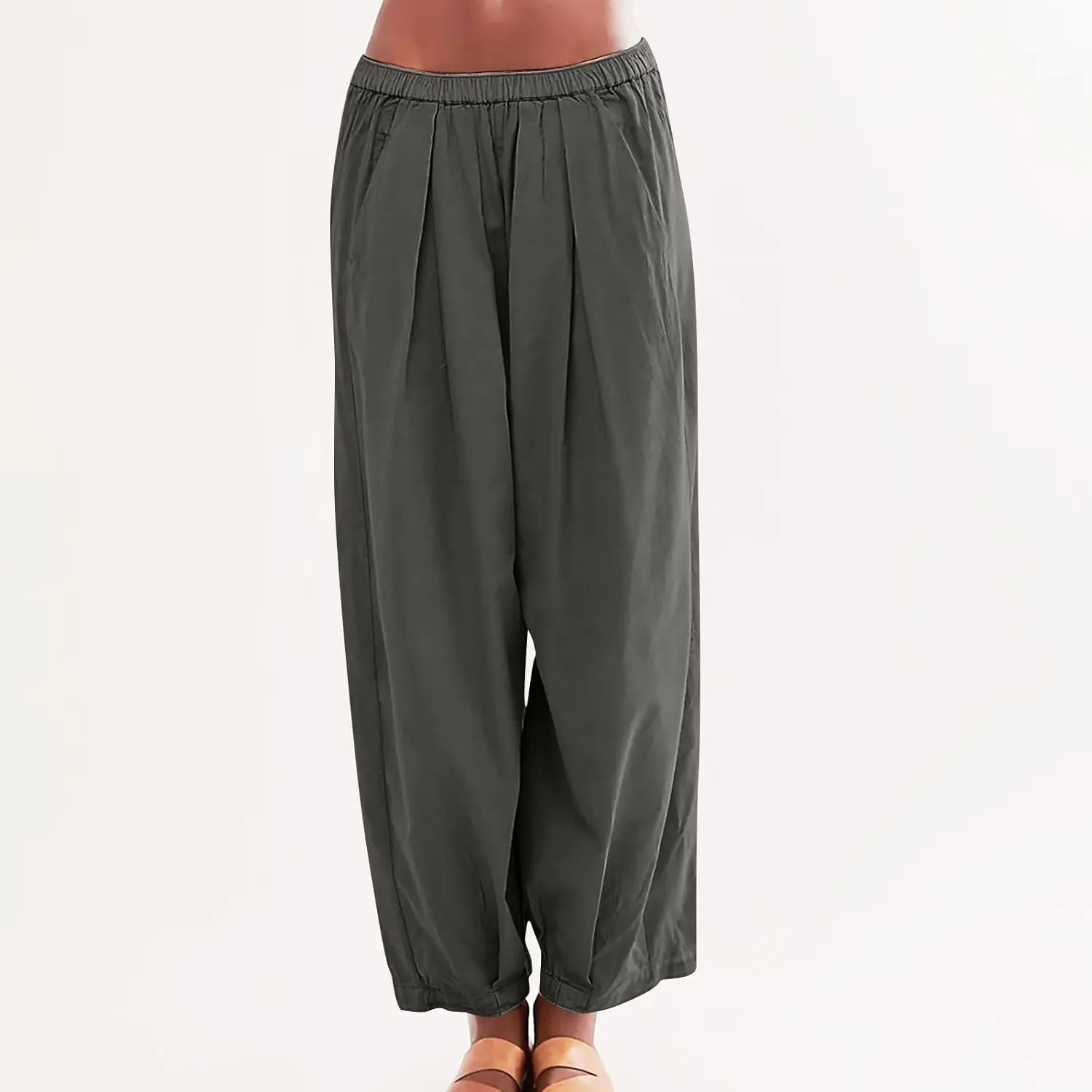 Womens Casual Cotton Linen Wide Leg Pants Elastic High Waisted Loose Pants Pleated Front Lounge Trousers Side Pockets
