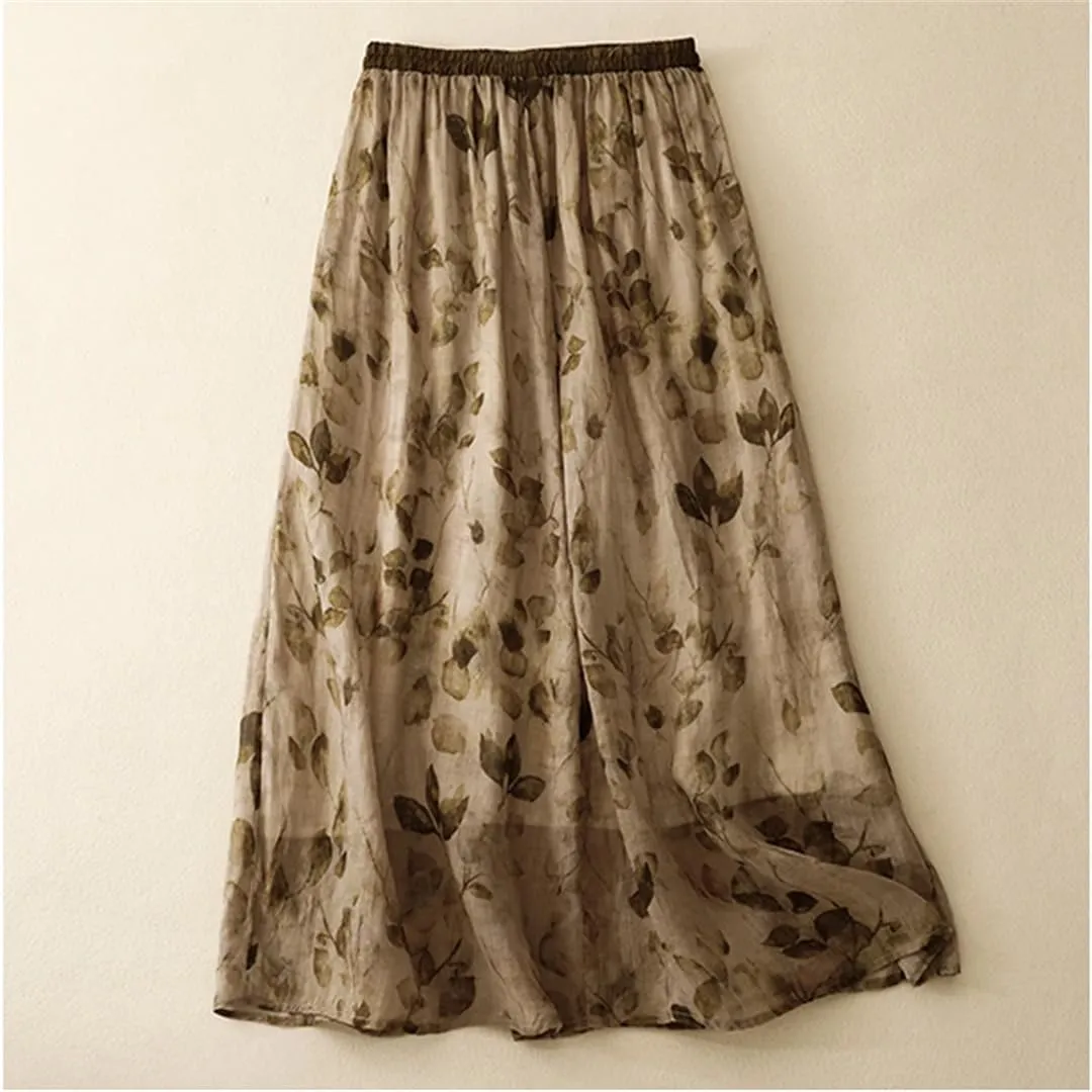 Women's Cotton and Linen Double-Layer Printed High Waist Skirt Retro Artistic Loose Lace-Up Casual Long Skirt