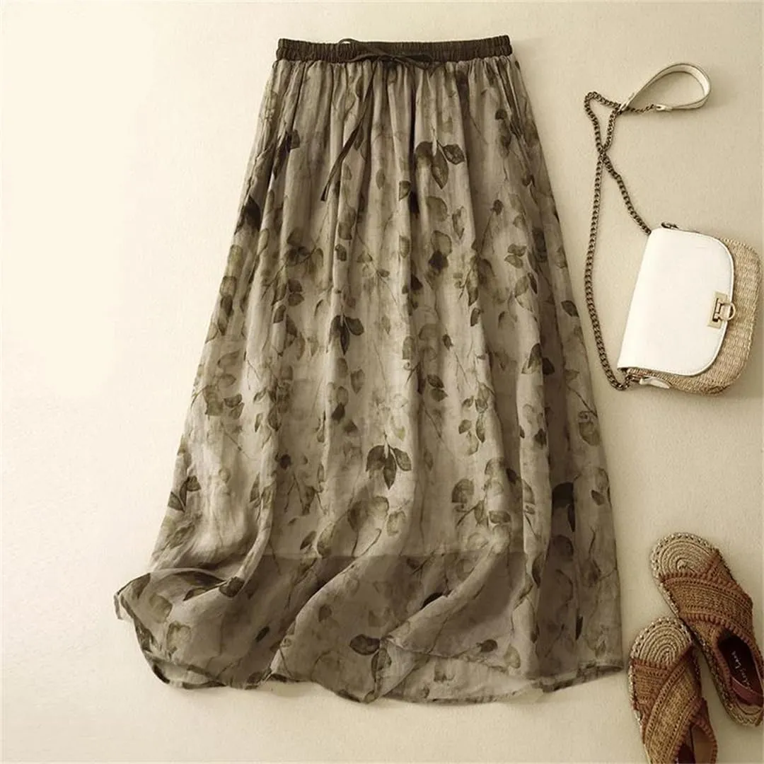Women's Cotton and Linen Double-Layer Printed High Waist Skirt Retro Artistic Loose Lace-Up Casual Long Skirt