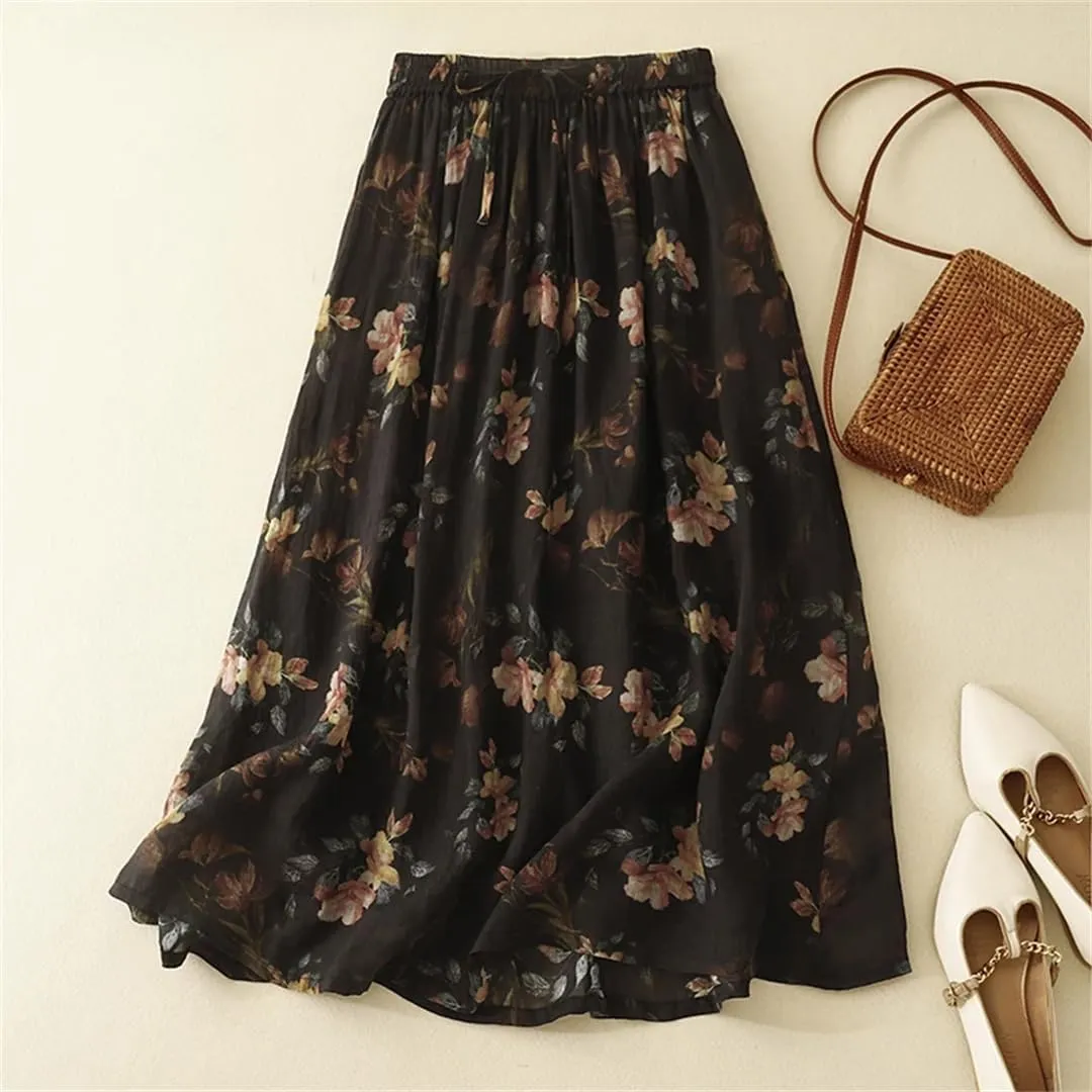 Women's Cotton and Linen Double-Layer Printed High Waist Skirt Retro Artistic Loose Lace-Up Casual Long Skirt