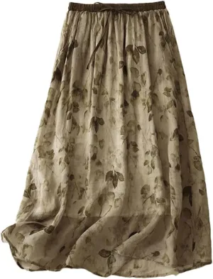 Women's Cotton and Linen Double-Layer Printed High Waist Skirt Retro Artistic Loose Lace-Up Casual Long Skirt