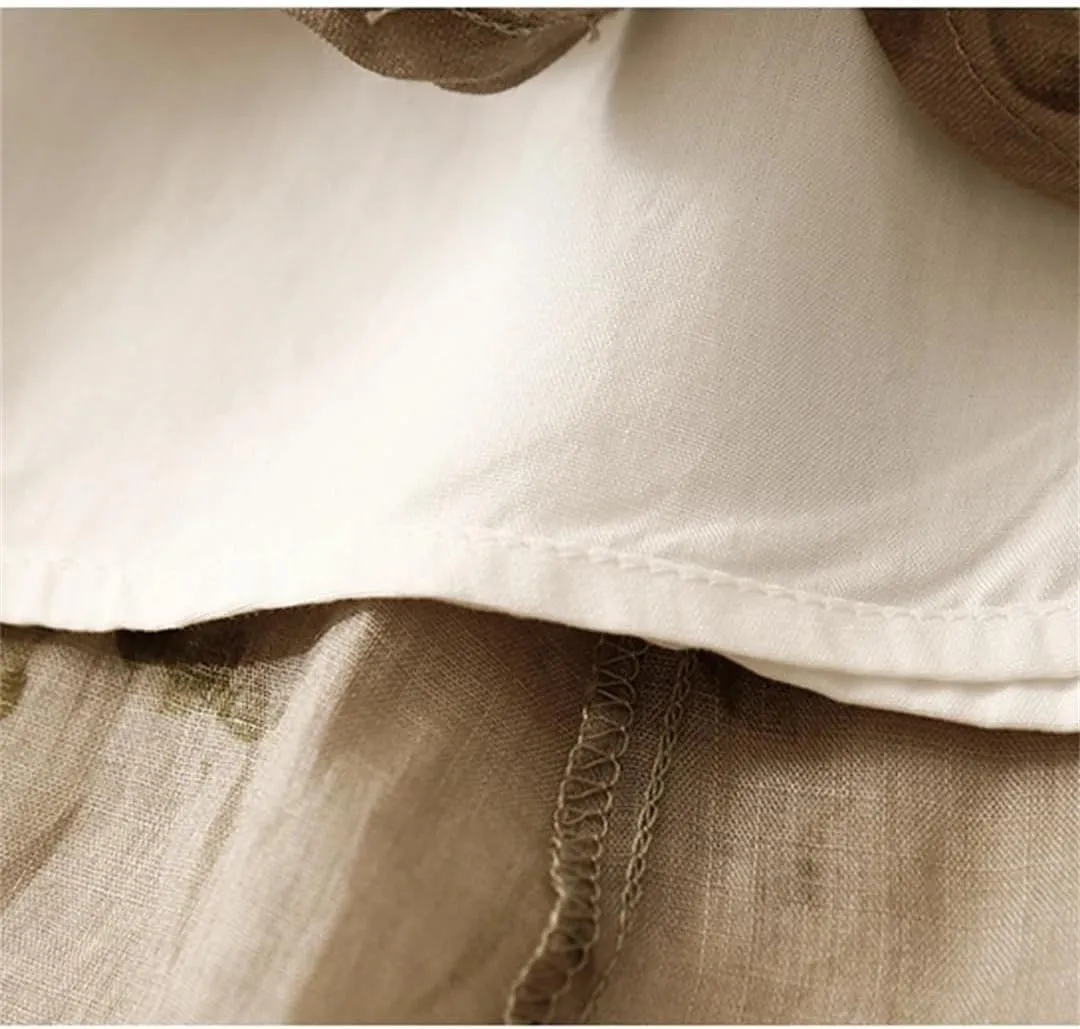 Women's Cotton and Linen Double-Layer Printed High Waist Skirt Retro Artistic Loose Lace-Up Casual Long Skirt