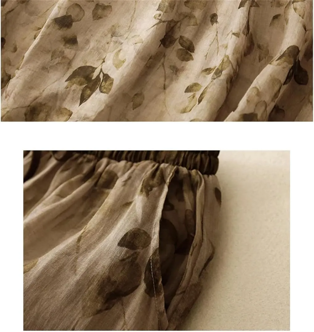 Women's Cotton and Linen Double-Layer Printed High Waist Skirt Retro Artistic Loose Lace-Up Casual Long Skirt