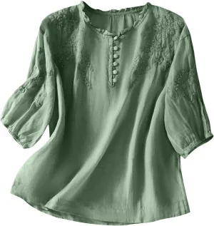 Women's Cotton Linen Button Short Sleeve Shirts Summer Loose Crew Neck Casual Boho Top Vintage Embroidered Blouse Tops