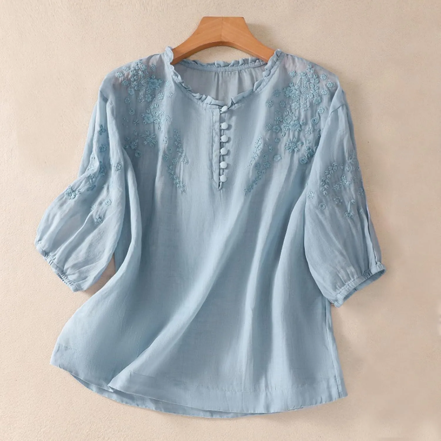 Women's Cotton Linen Button Short Sleeve Shirts Summer Loose Crew Neck Casual Boho Top Vintage Embroidered Blouse Tops