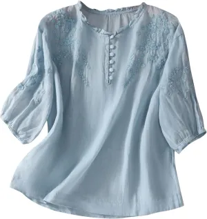 Women's Cotton Linen Button Short Sleeve Shirts Summer Loose Crew Neck Casual Boho Top Vintage Embroidered Blouse Tops