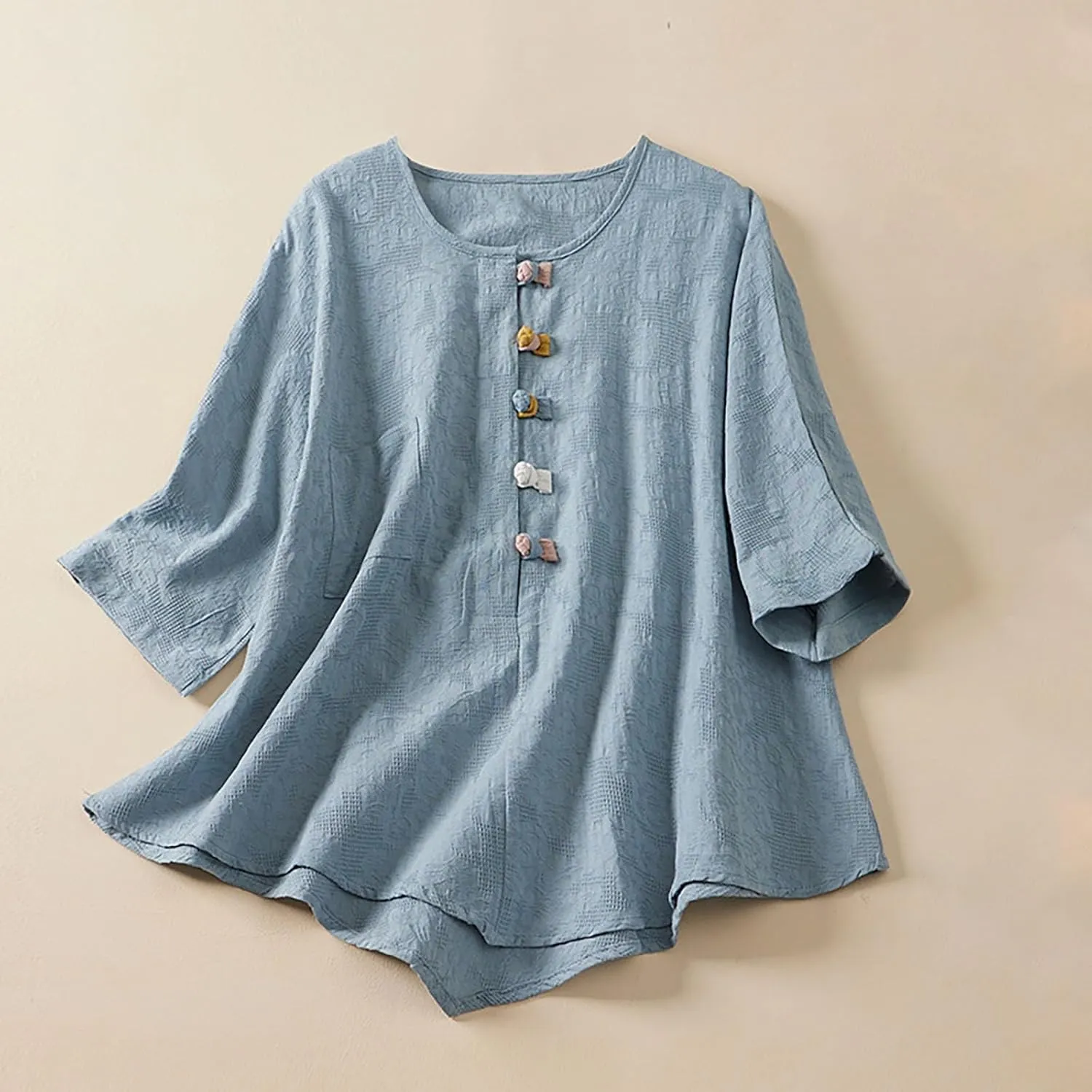 Women's Cotton Linen Button Short Sleeve Shirts Summer Loose Crew Neck Casual Boho Top Vintage Embroidered Blouse Tops
