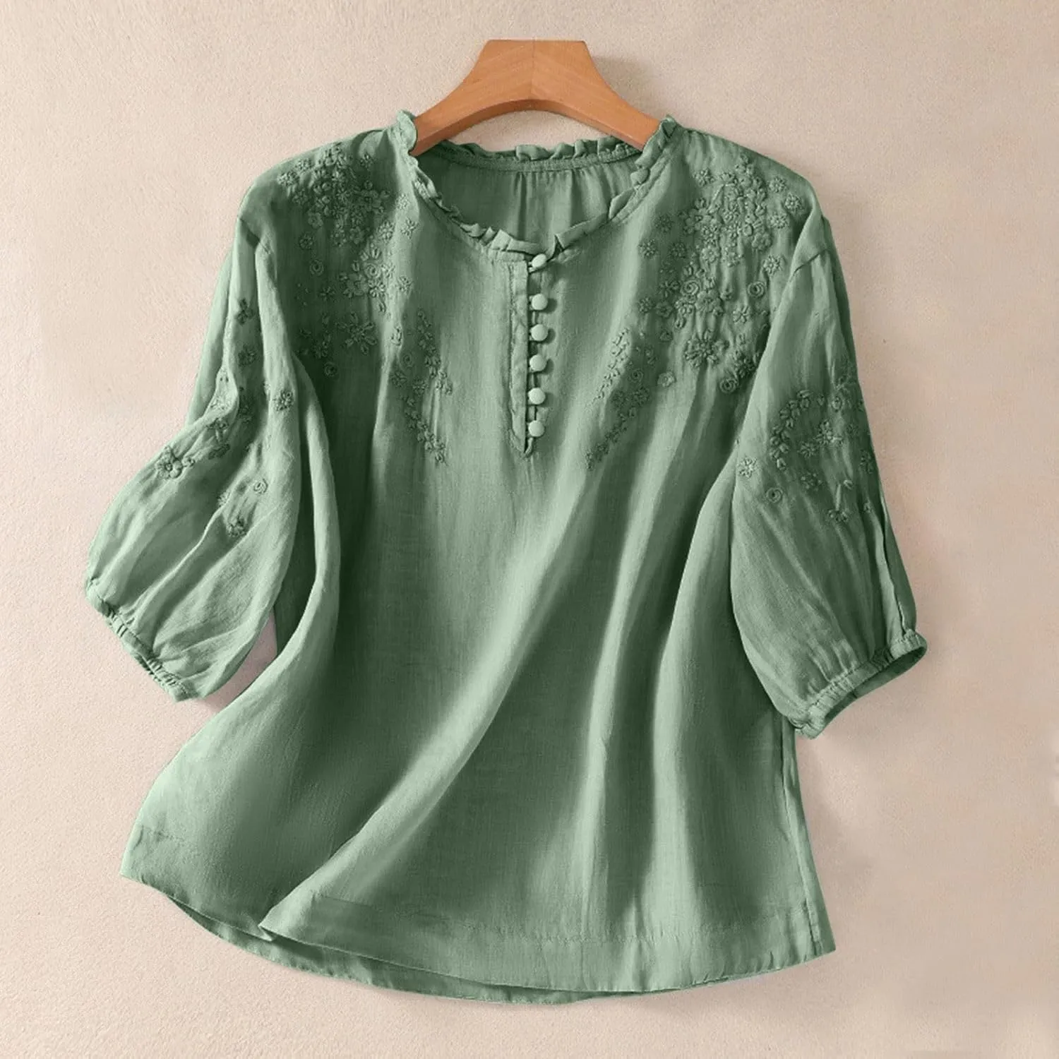 Women's Cotton Linen Button Short Sleeve Shirts Summer Loose Crew Neck Casual Boho Top Vintage Embroidered Blouse Tops