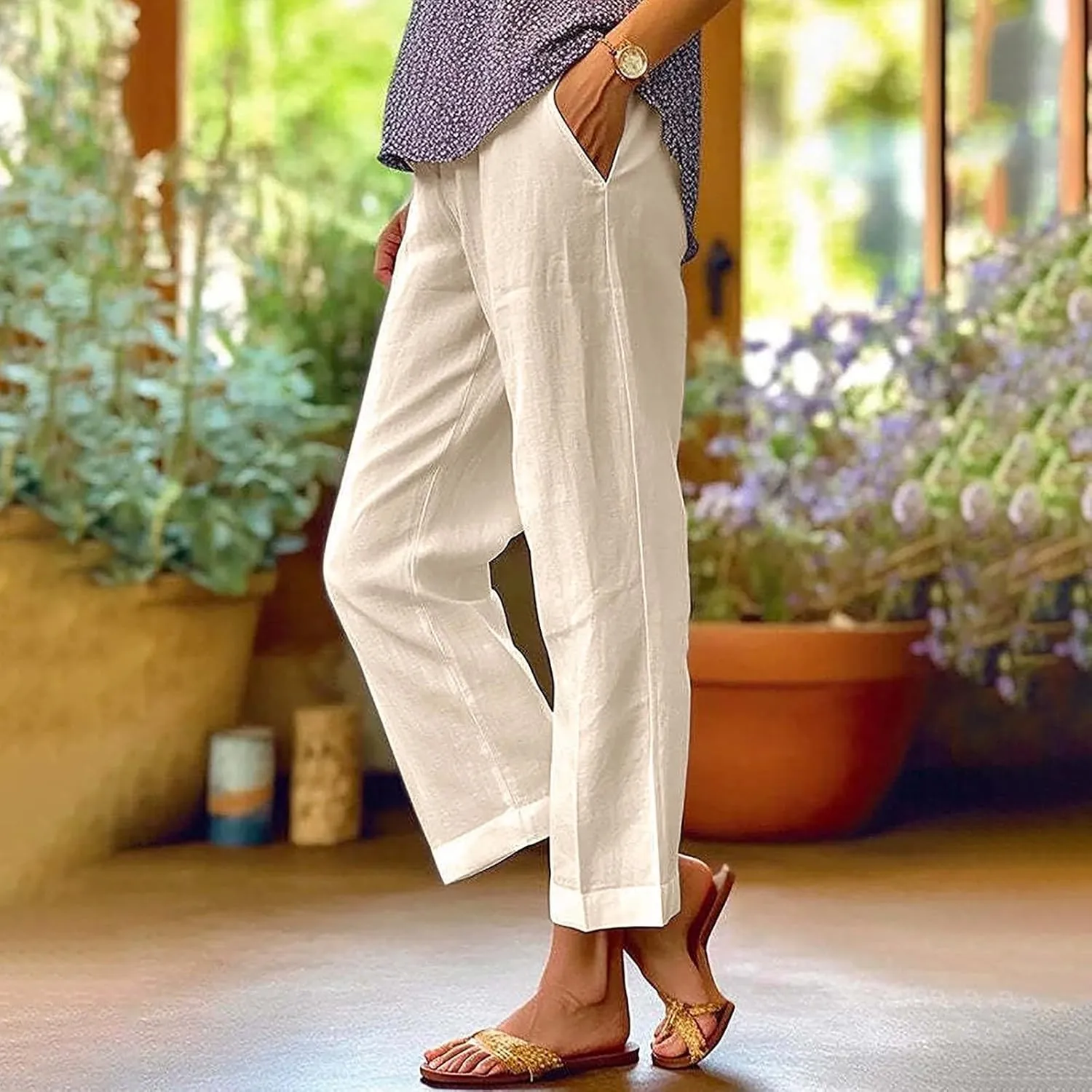 Women's Cotton Linen Casual Cropped Pants Classic Solid Color Straight Leg Baggy Trousers with Pockets Simple Versatile Pant