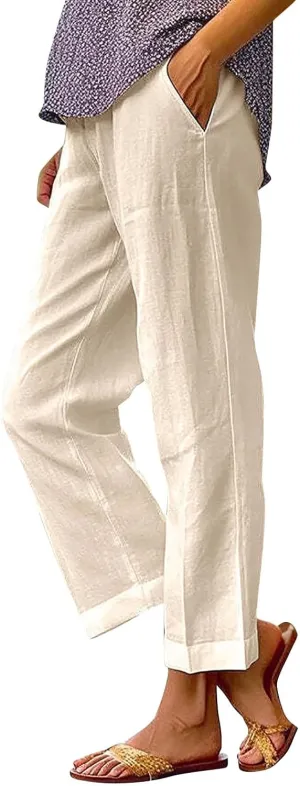Women's Cotton Linen Casual Cropped Pants Classic Solid Color Straight Leg Baggy Trousers with Pockets Simple Versatile Pant