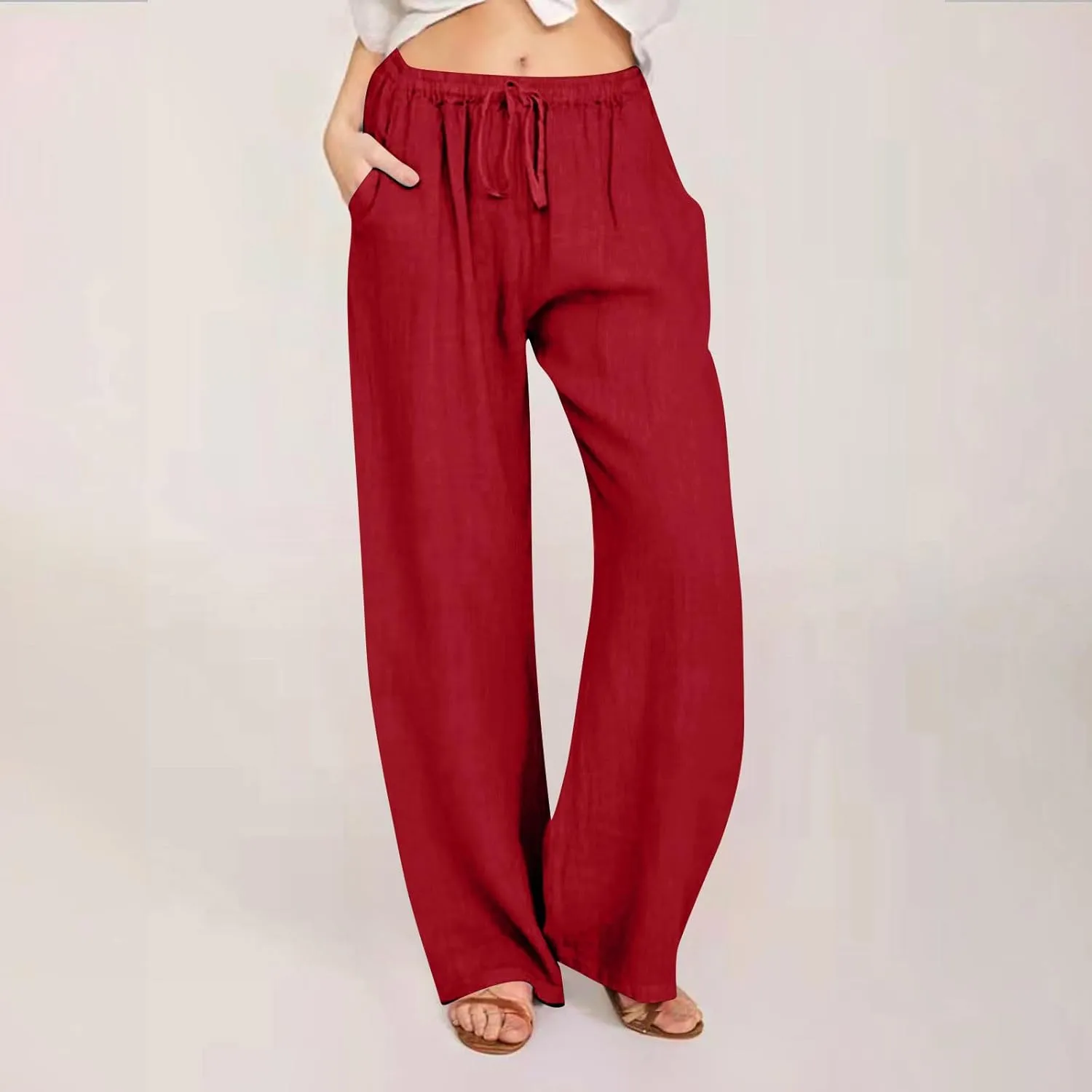 Womens Cotton Linen Pants Baggy Casual Straight Leg Pants 2025 Summer Fashion Beach Pants Basic Solid Flowy Pants