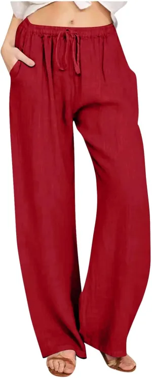 Womens Cotton Linen Pants Baggy Casual Straight Leg Pants 2025 Summer Fashion Beach Pants Basic Solid Flowy Pants