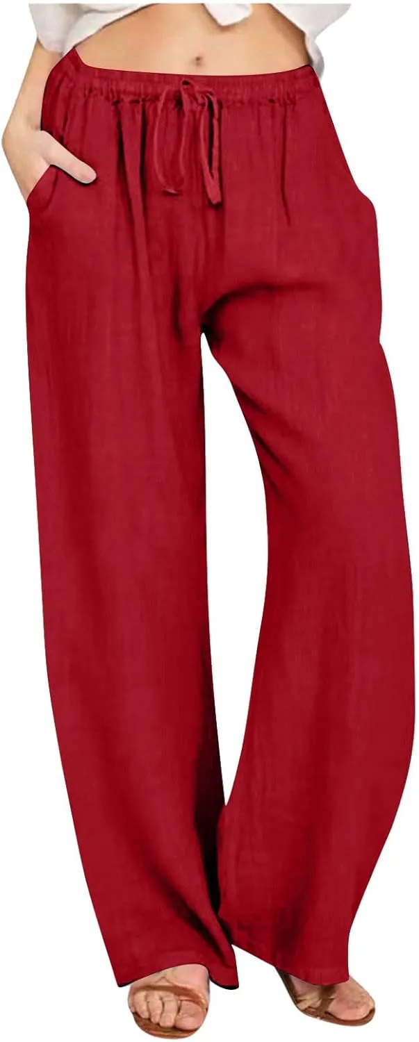 Womens Cotton Linen Pants Baggy Casual Straight Leg Pants 2025 Summer Fashion Beach Pants Basic Solid Flowy Pants