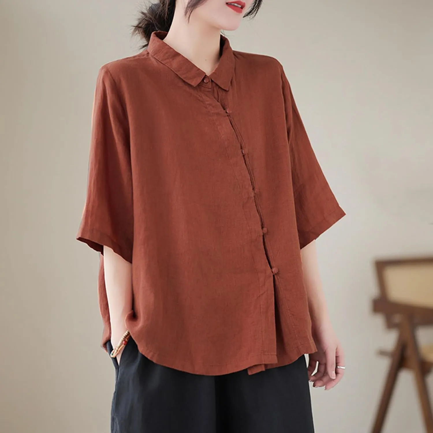 Women's Cotton Linen Retro Irregular Chinese Frog Button Tops Casual Lapel Collar Half Sleeve Blouse Summer Beach Shirts