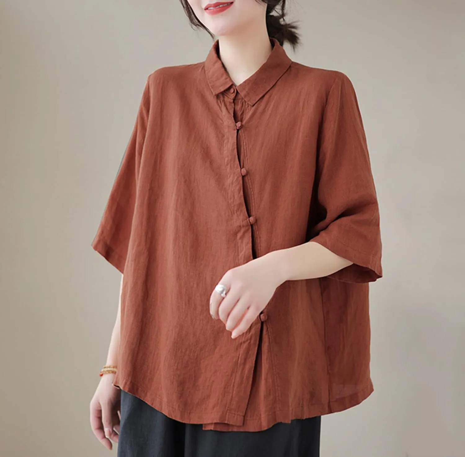 Women's Cotton Linen Retro Irregular Chinese Frog Button Tops Casual Lapel Collar Half Sleeve Blouse Summer Beach Shirts