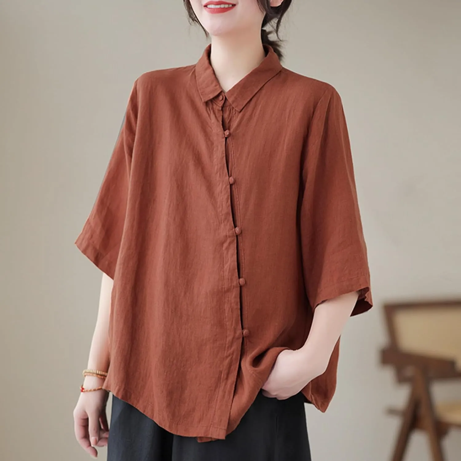 Women's Cotton Linen Retro Irregular Chinese Frog Button Tops Casual Lapel Collar Half Sleeve Blouse Summer Beach Shirts