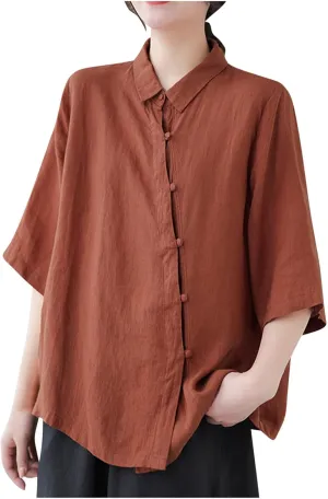 Women's Cotton Linen Retro Irregular Chinese Frog Button Tops Casual Lapel Collar Half Sleeve Blouse Summer Beach Shirts