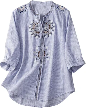 Women's Cotton Linen Shirts Short Sleeve V-Neck Embroidered Blouses Button Down Tops Summer Loose Casual Boho T Shirt