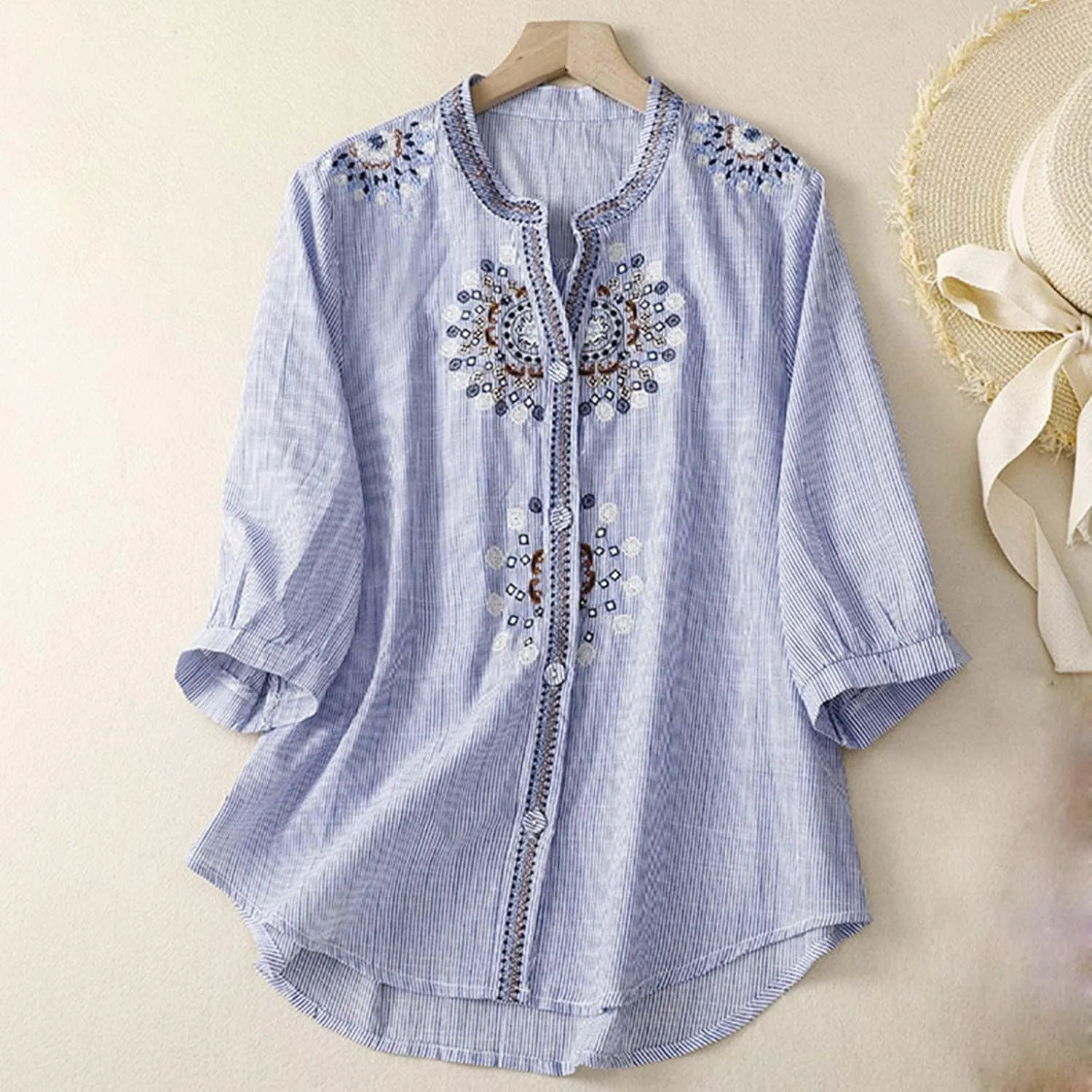 Women's Cotton Linen Shirts Short Sleeve V-Neck Embroidered Blouses Button Down Tops Summer Loose Casual Boho T Shirt
