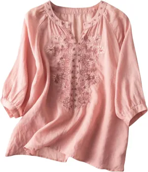 Women's Cotton Linen Summer Button 3/4 Sleeve Shirts Summer Crew Neck Casual Boho Top Vintage Embroidery Blouse Tops Pink