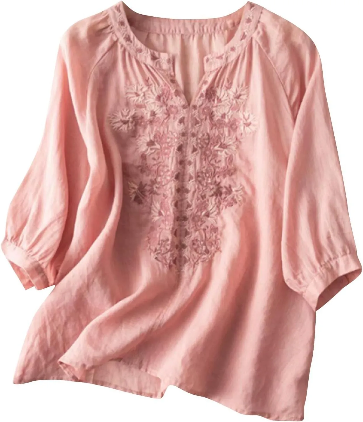 Women's Cotton Linen Summer Button 3/4 Sleeve Shirts Summer Crew Neck Casual Boho Top Vintage Embroidery Blouse Tops Pink