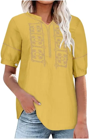 Womens Cotton Linen Summer Tops Short Sleeve Notched V Neck Tshirts Casual Loose Fit Cute Tees Soft Cmofy Shirts