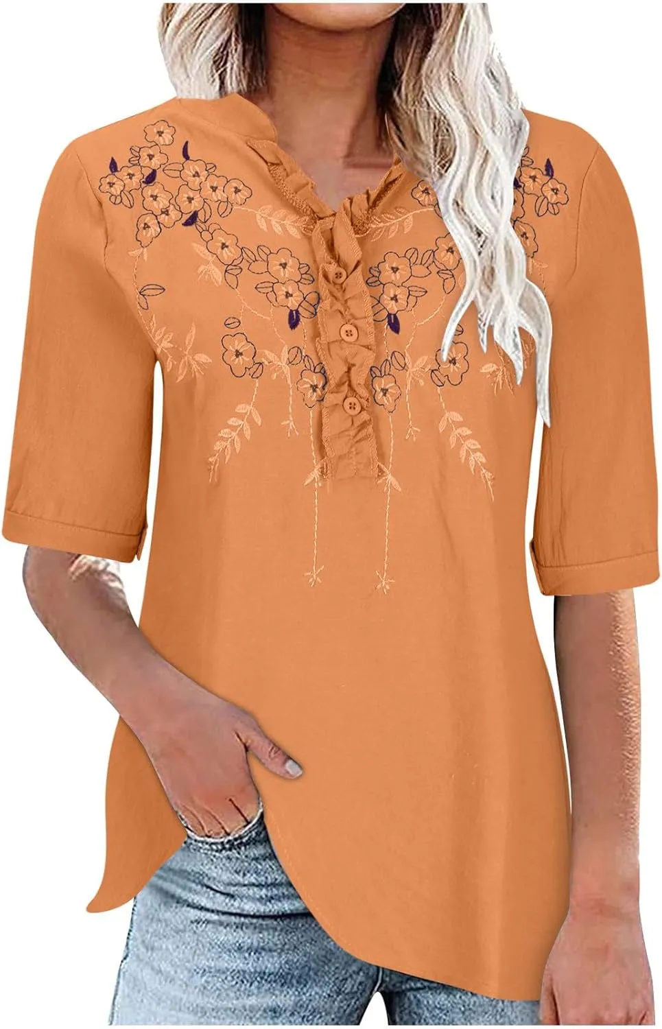 Womens Cotton Linen Summer Tops Short Sleeve Notched V Neck Tshirts Casual Loose Fit Cute Tees Soft Cmofy Shirts