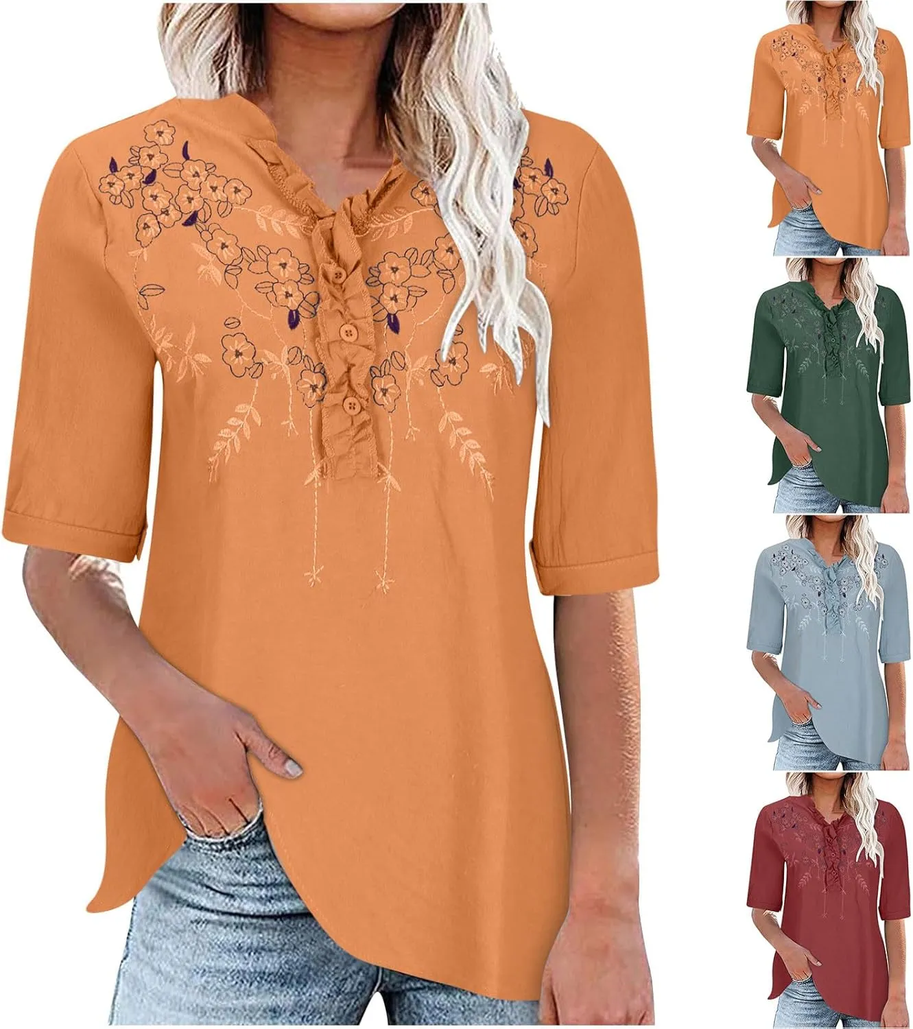 Womens Cotton Linen Summer Tops Short Sleeve Notched V Neck Tshirts Casual Loose Fit Cute Tees Soft Cmofy Shirts