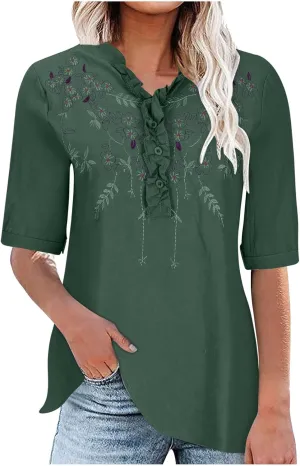 Womens Cotton Linen Summer Tops Short Sleeve Notched V Neck Tshirts Casual Loose Fit Cute Tees Soft Cmofy Shirts