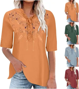 Womens Cotton Linen Summer Tops Short Sleeve Notched V Neck Tshirts Casual Loose Fit Cute Tees Soft Cmofy Shirts