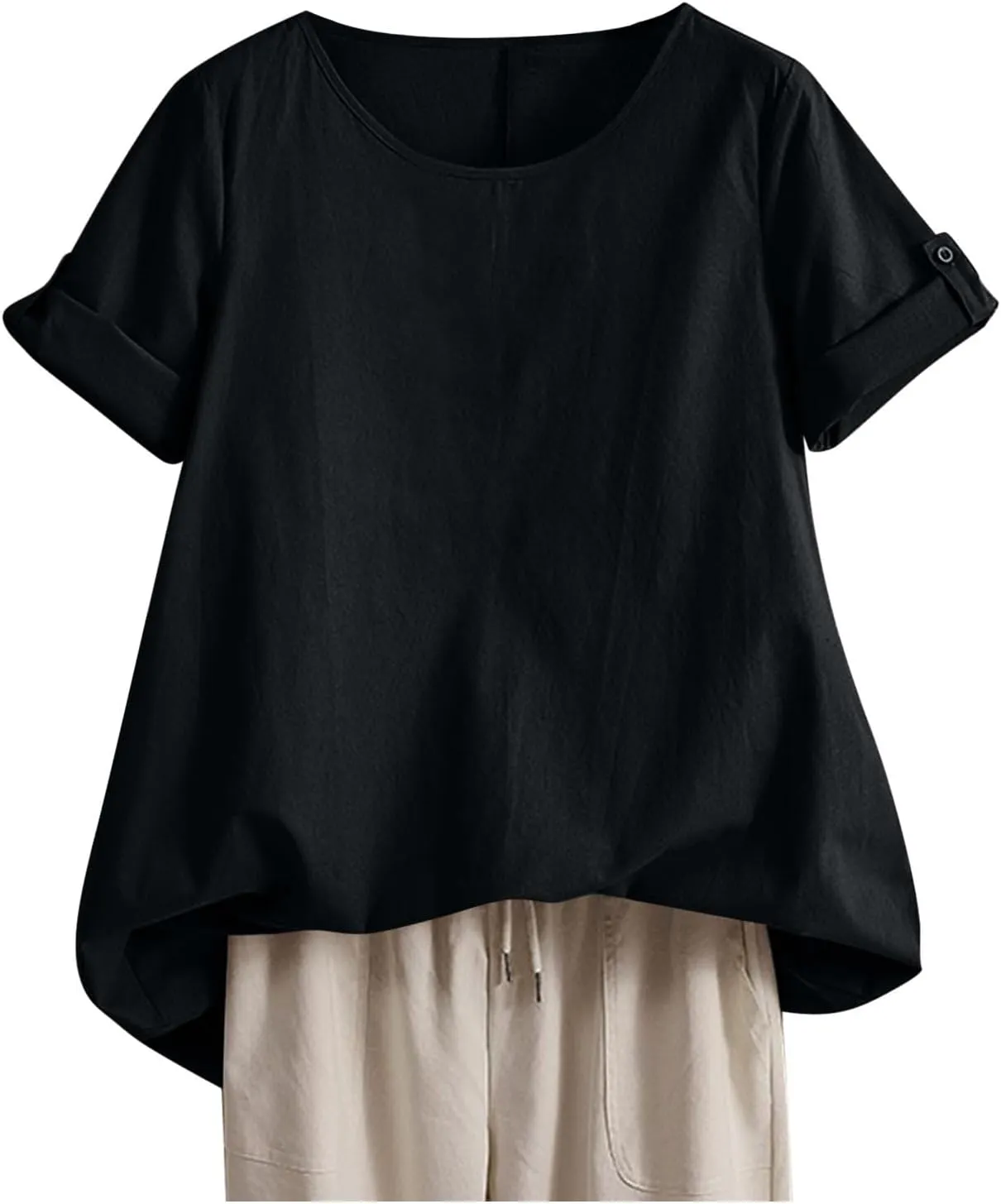 Women's Cotton Linen T Shirts Summer Crew Neck Rolled Short Sleeve Blouses Casual Loose Solid Basic Tunics Tee Tops