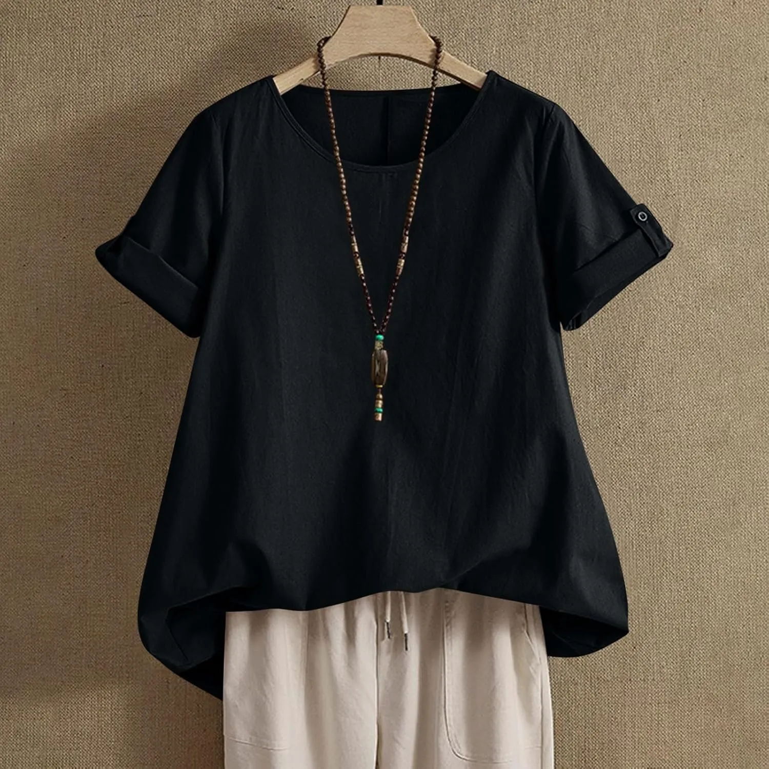 Women's Cotton Linen T Shirts Summer Crew Neck Rolled Short Sleeve Blouses Casual Loose Solid Basic Tunics Tee Tops