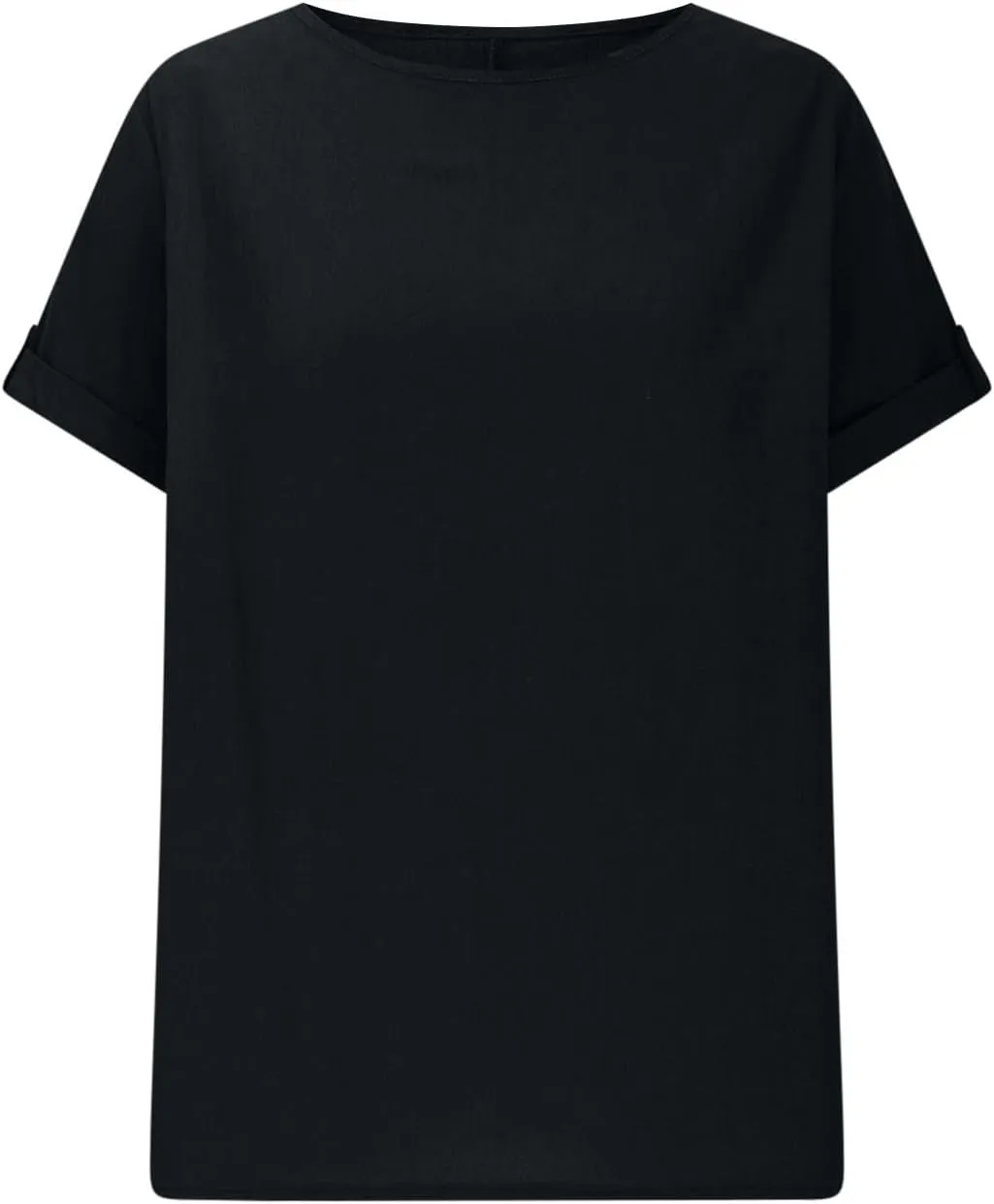 Women's Cotton Linen T Shirts Summer Crew Neck Rolled Short Sleeve Blouses Casual Loose Solid Basic Tunics Tee Tops