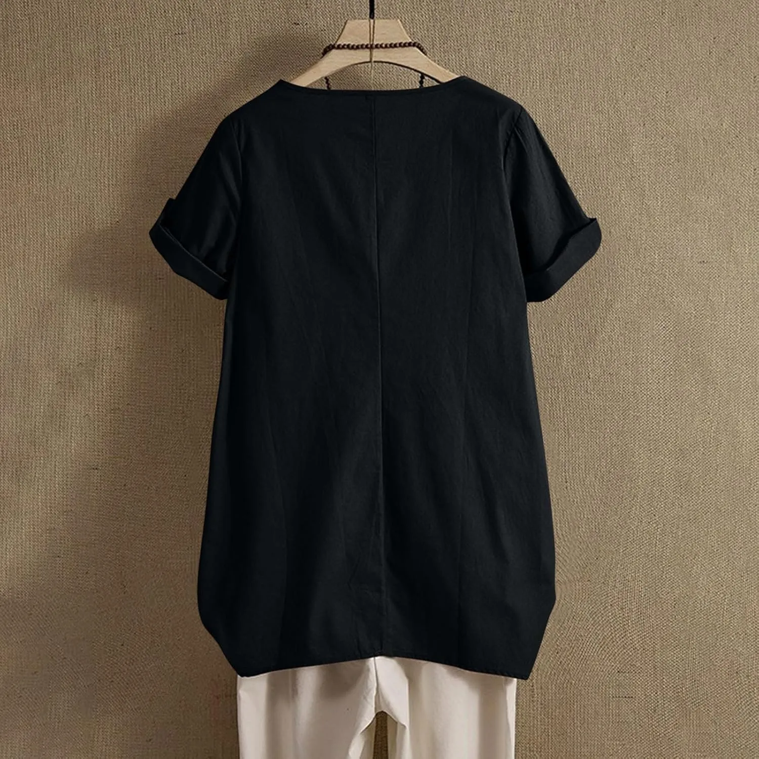 Women's Cotton Linen T Shirts Summer Crew Neck Rolled Short Sleeve Blouses Casual Loose Solid Basic Tunics Tee Tops