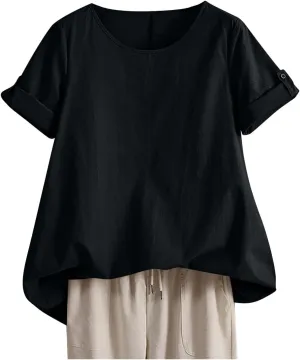 Women's Cotton Linen T Shirts Summer Crew Neck Rolled Short Sleeve Blouses Casual Loose Solid Basic Tunics Tee Tops