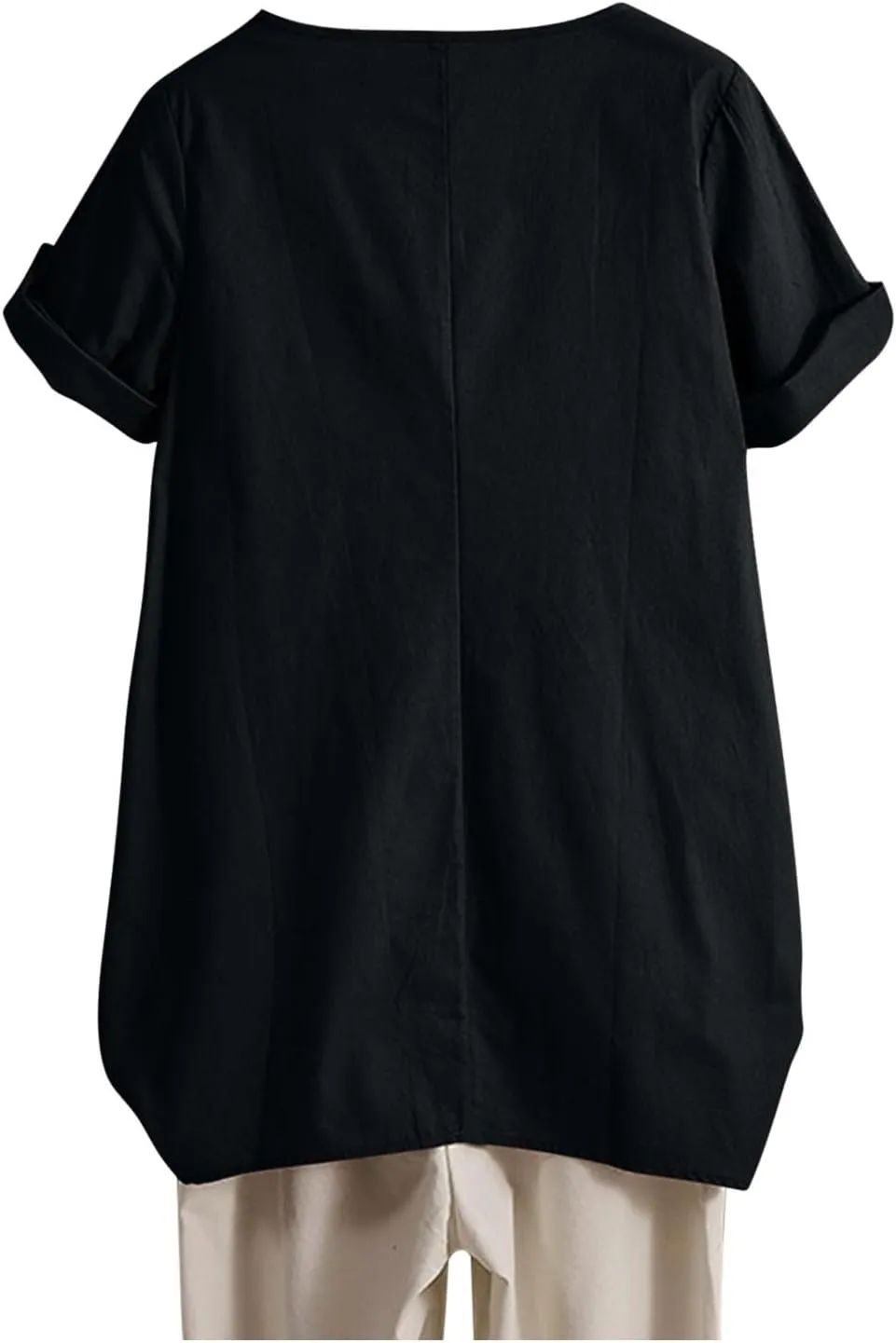 Women's Cotton Linen T Shirts Summer Crew Neck Rolled Short Sleeve Blouses Casual Loose Solid Basic Tunics Tee Tops