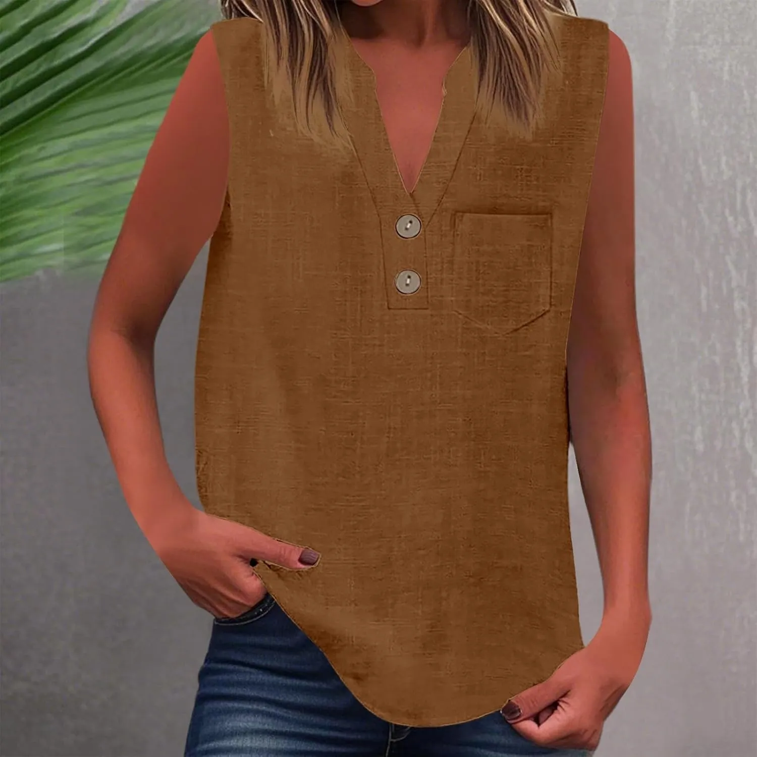 Women's Cotton Linen Tops Summer Breathable Sleeveless V-Neck Button Shirts with Pockets for Office/Vacation​