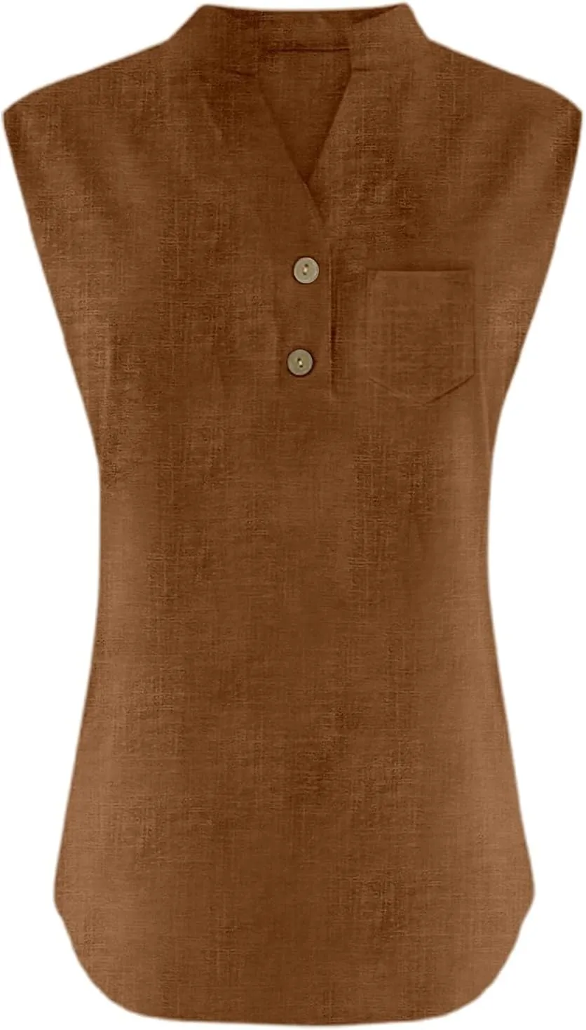 Women's Cotton Linen Tops Summer Breathable Sleeveless V-Neck Button Shirts with Pockets for Office/Vacation​