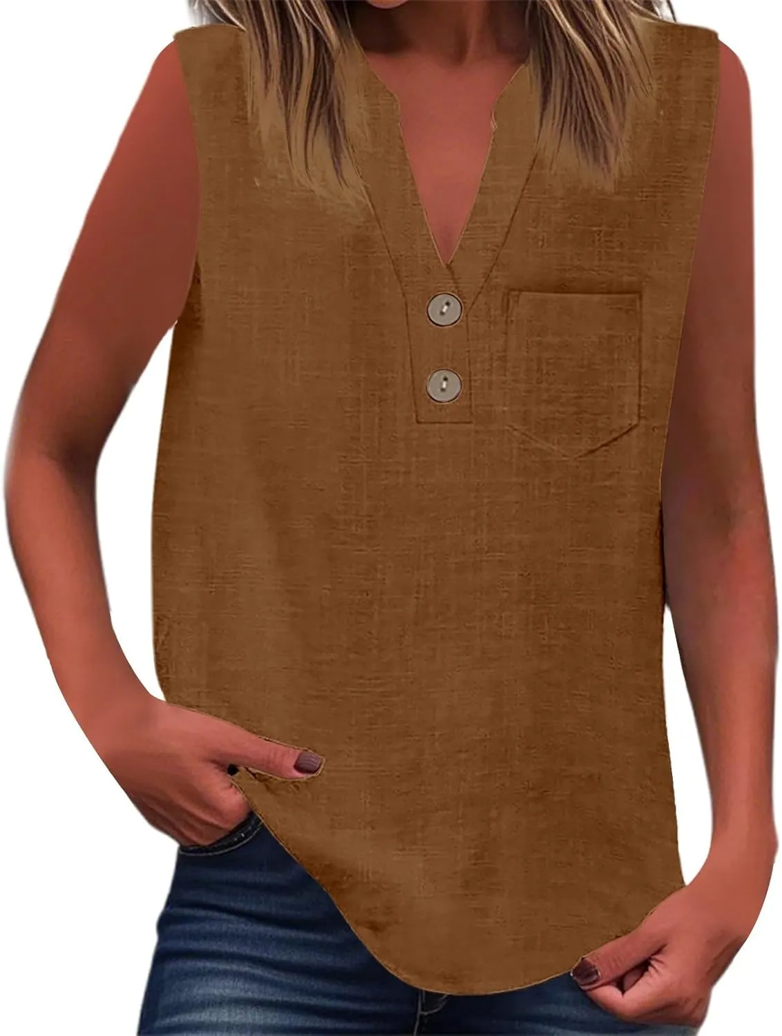 Women's Cotton Linen Tops Summer Breathable Sleeveless V-Neck Button Shirts with Pockets for Office/Vacation​