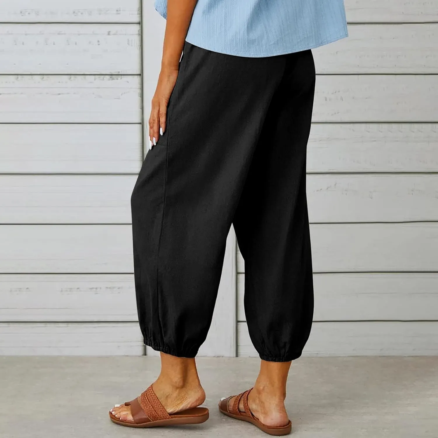 Women's Cotton Pants Trendy Drawstring Bottom Button Jogger Pant Summer Beach Gaucho Trousers Casual Comfy Outfits