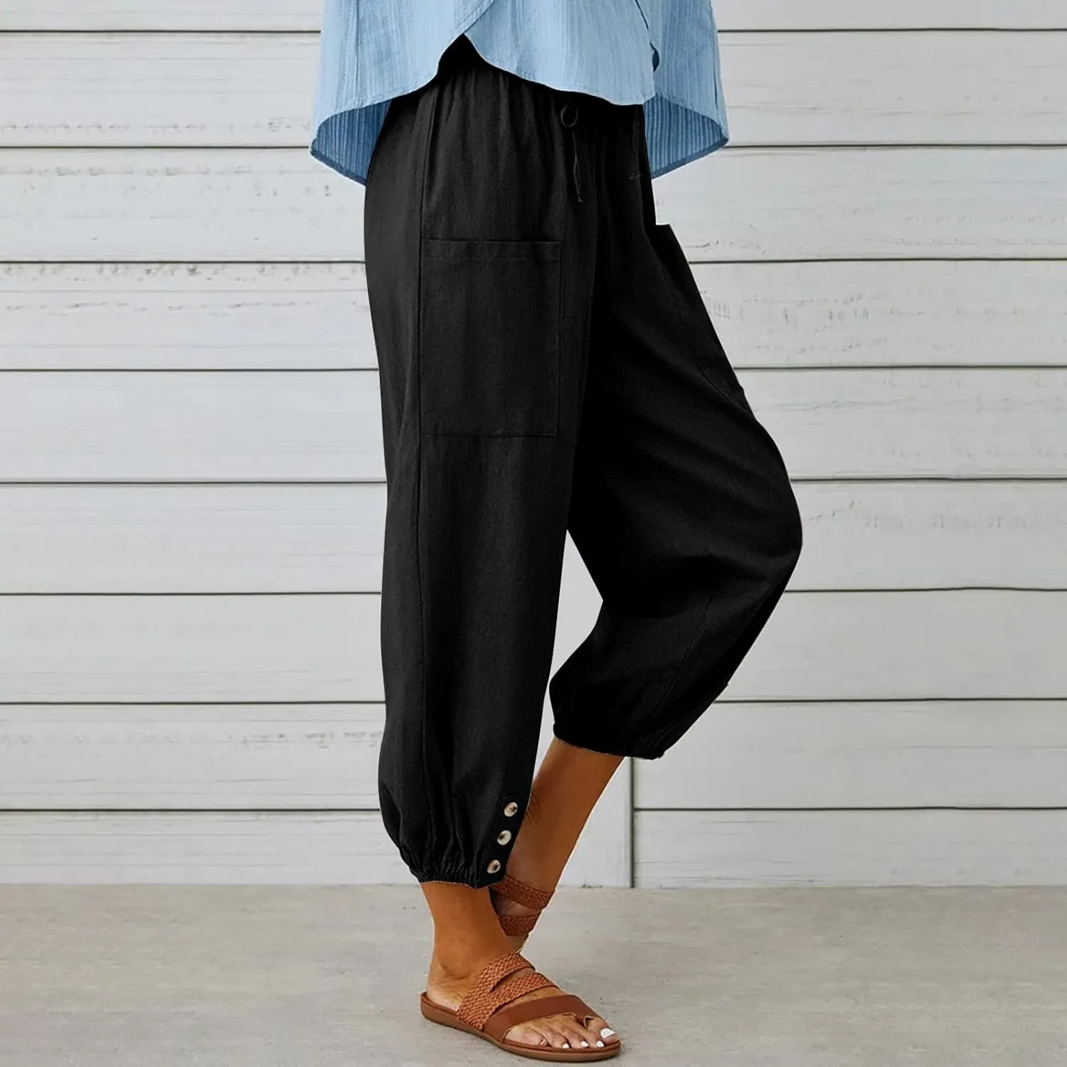 Women's Cotton Pants Trendy Drawstring Bottom Button Jogger Pant Summer Beach Gaucho Trousers Casual Comfy Outfits
